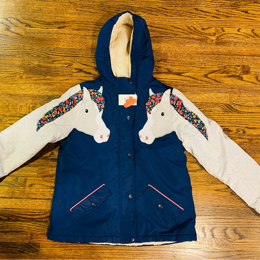 Brand New Mini Boden Unicorn Embroidered Fleece Lined Winter Coat Sz 11-12 years